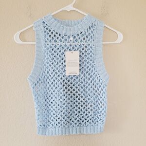 Monday Swimwear Crochet Crop Top Size Small Blue Open Knit Pullover Resort Nwt